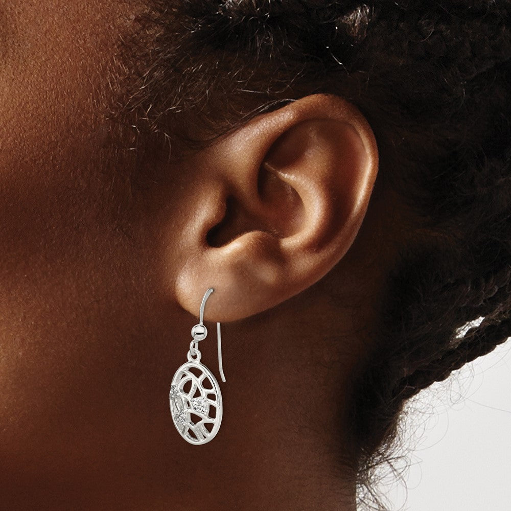 Sterling Silver Polished Cz Oval Dangle Shepherd Hook Earrings