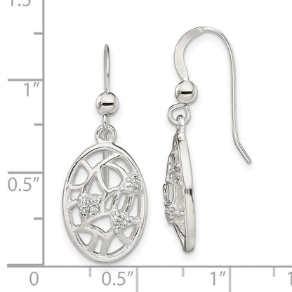 Sterling Silver Polished Cz Oval Dangle Shepherd Hook Earrings