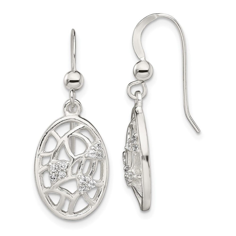 Sterling Silver Polished Cz Oval Dangle Shepherd Hook Earrings