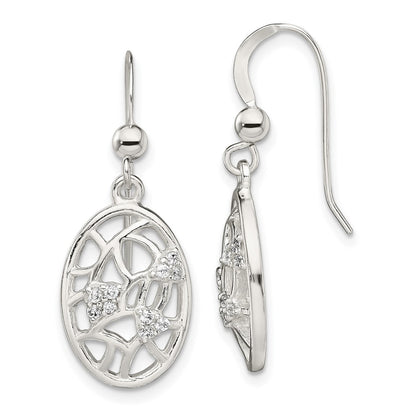 Sterling Silver Polished Cz Oval Dangle Shepherd Hook Earrings