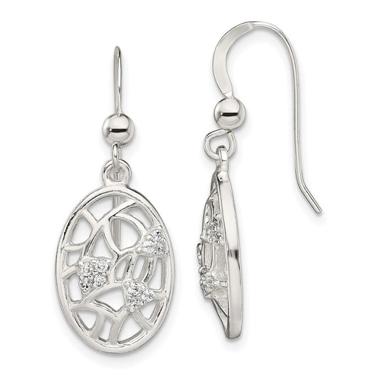 Sterling Silver Polished Cz Oval Dangle Shepherd Hook Earrings