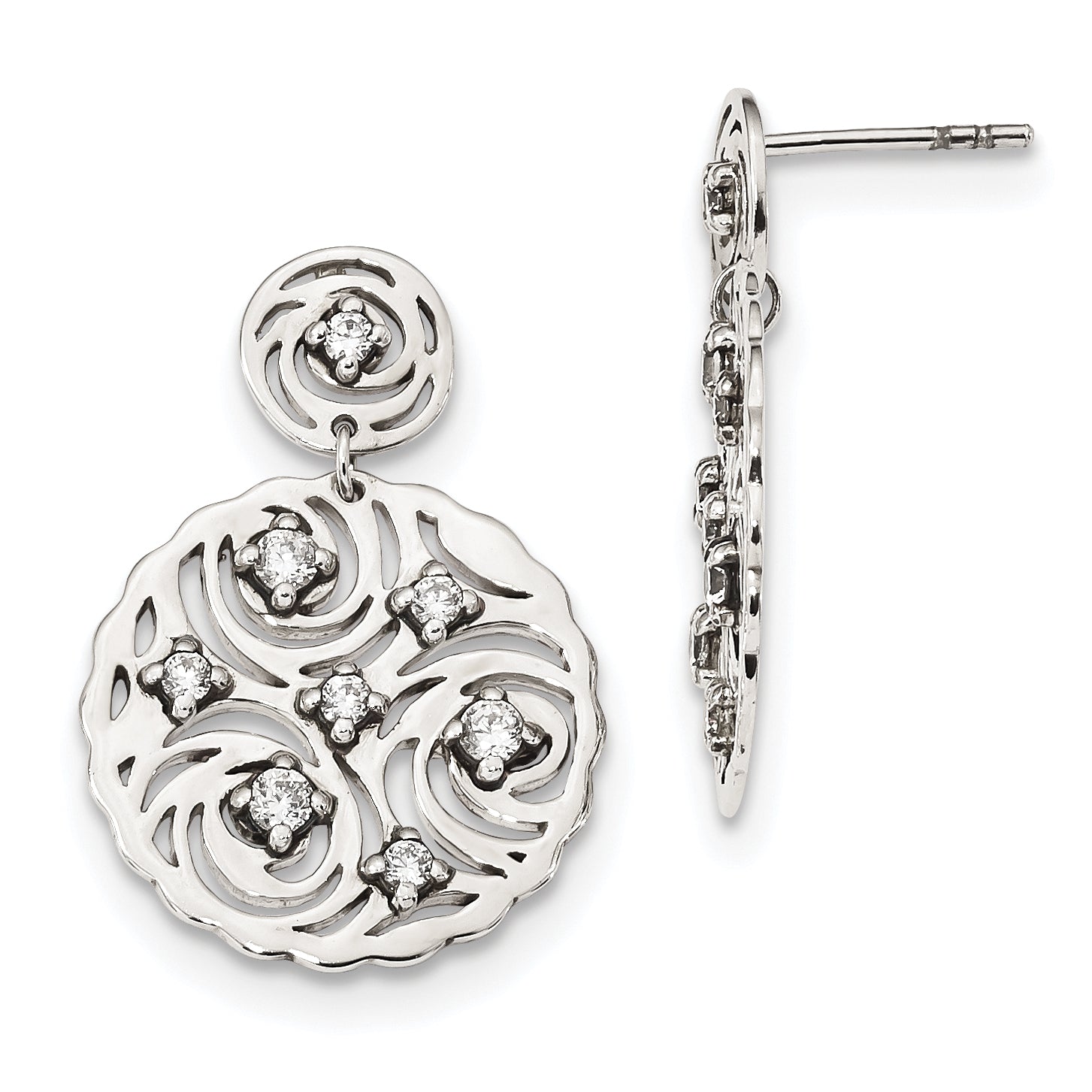 Sterling Silver Cz Post Dangle Earrings