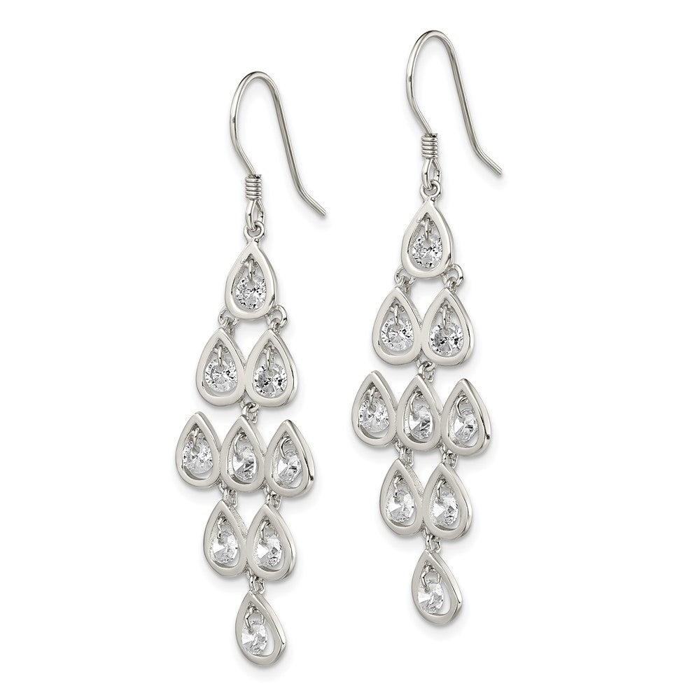 Sterling Silver Rh-Pltd Polished Fancy Pear Cz Chandelier Dangle Earrings