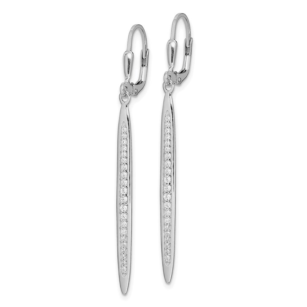 Sterling Silver Rhodium-Plated Polished Cz Bar Leverback Dangle Earrings