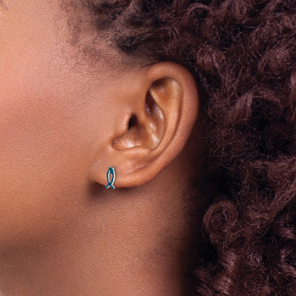 Sterling Silver Polished Enameled Icthus Fish Post Earrings