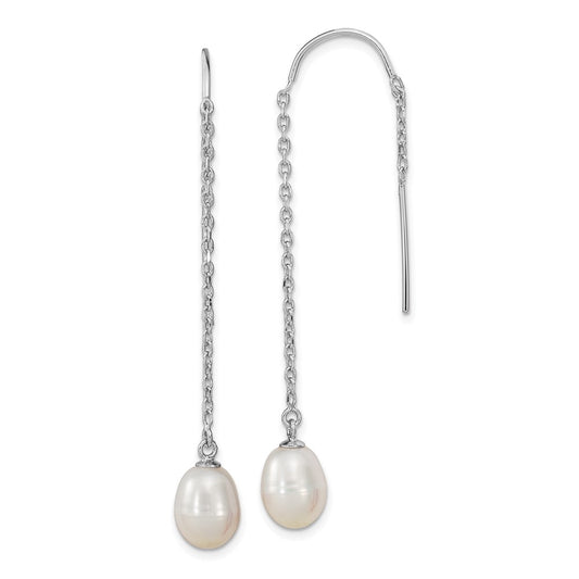 Sterling Silver Rhodium-Plated Polished White 7-8mm Freshwater Cultured Pearl Threader Earrings