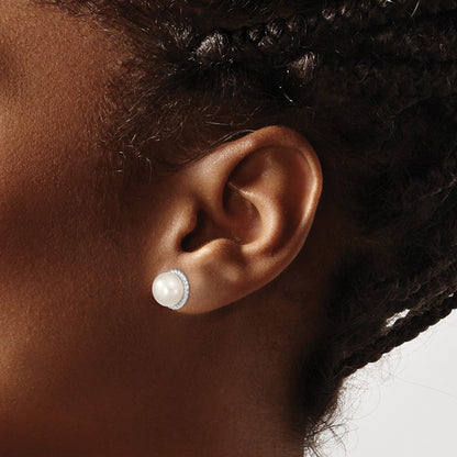 Sterling Silver Rh 8-9mm White Button Fwc Pearl Post Earrings
