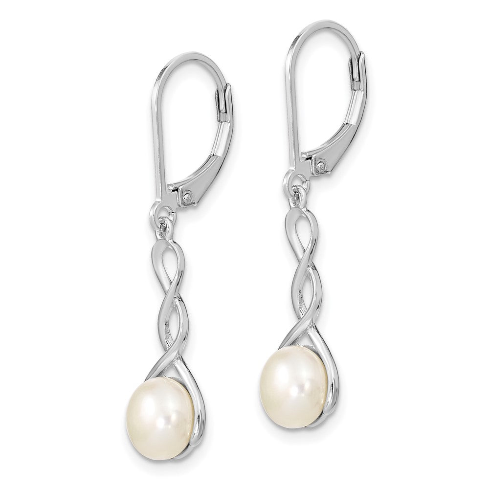 Sterling Silver Rhodium-Plated Polished White 7-8mm Button Freshwater Cultured Pearl Twisted Leverback Dangle Earrings