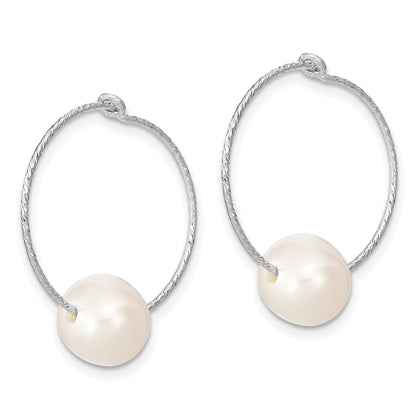 Sterling Silver Rhodium-Plated 8-9mm Round Fwc Pearl Hoop Earrings