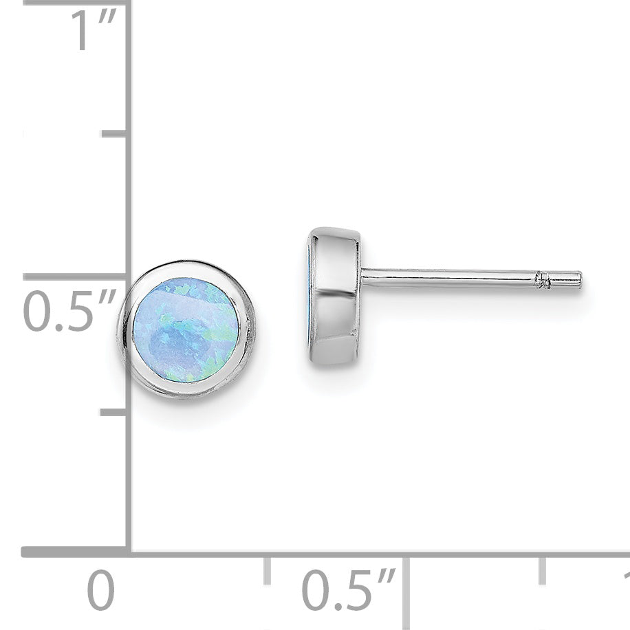 Sterling Silver Rh-Plated Polished Blue Created Opal Round Stud Earrings