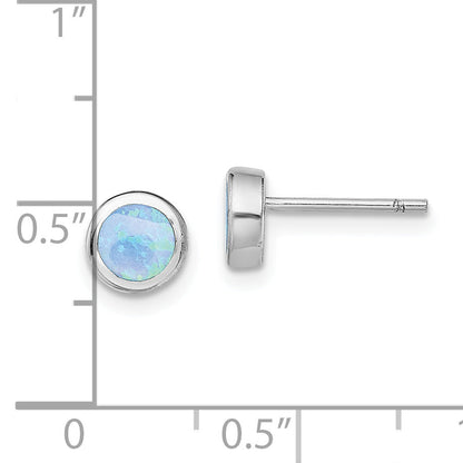 Sterling Silver Rh-Plated Polished Blue Created Opal Round Stud Earrings