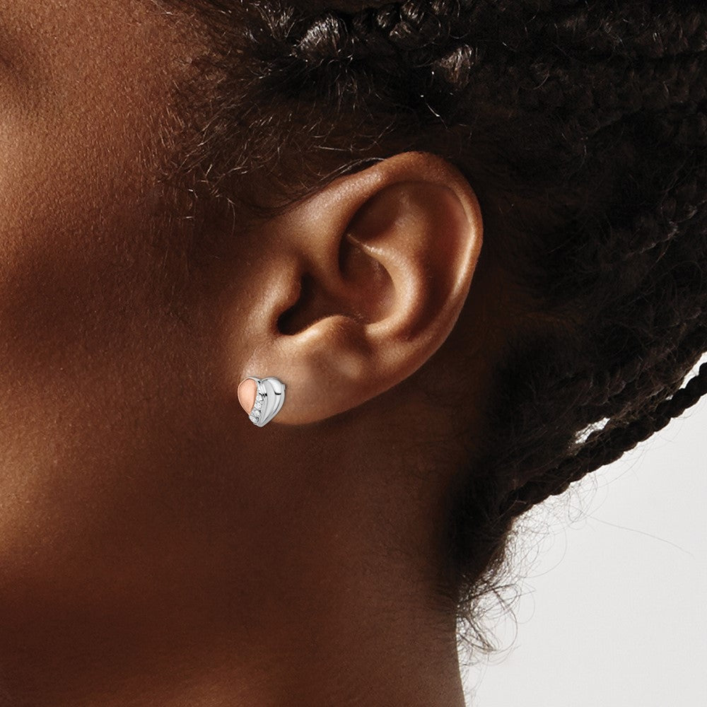 Sterling Silver Rhodium/Rose Gold-Plated Cz Heart Earrings