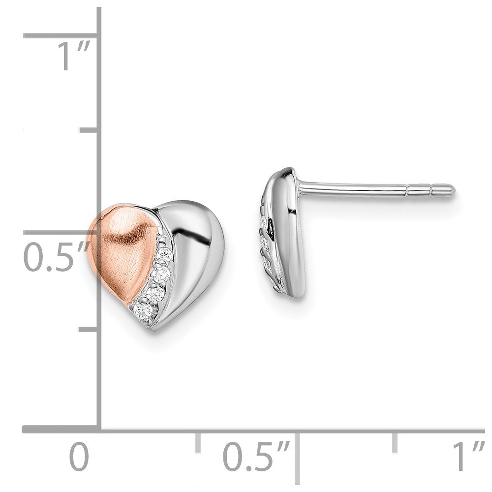 Sterling Silver Rhodium/Rose Gold-Plated Cz Heart Earrings
