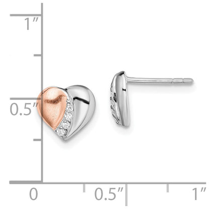 Sterling Silver Rhodium/Rose Gold-Plated Cz Heart Earrings