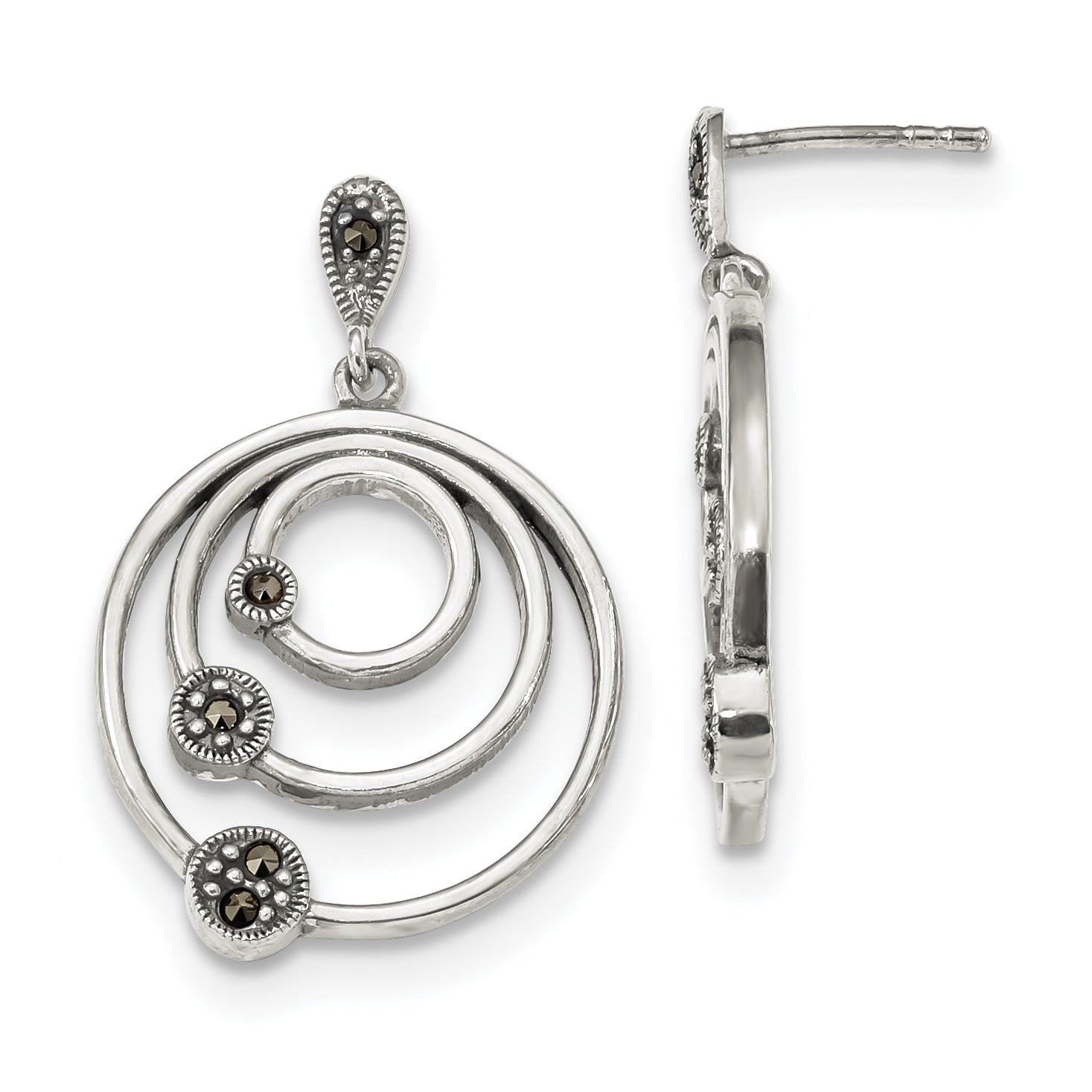 Sterling Silver Antiqued 3-Circles Marcasite Post Dangle Earrings