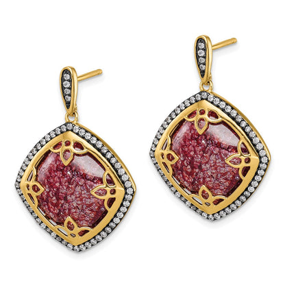 Sterling Silver Gold-Tone Cz And Cracked Red Dangle Post Earrings