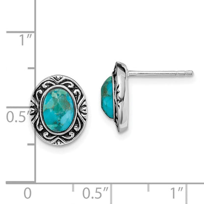 Sterling Silver Rhodium/Oxidized W/Recon. Turquoise Post Earrings