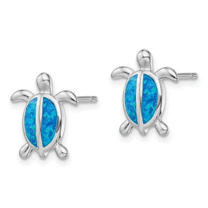 Sterling Silver Rhodium-Plated Polished Blue Created Opal Turtle Post Earrings