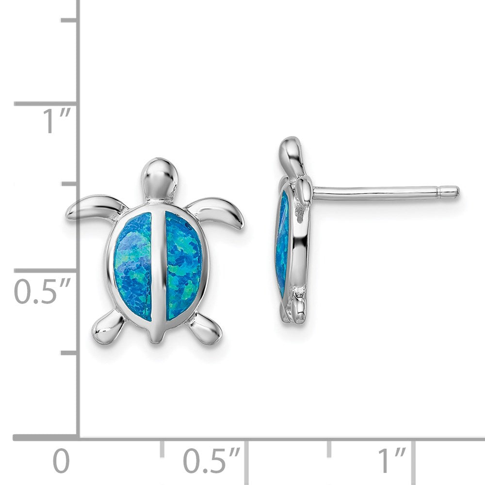 Sterling Silver Rhodium-Plated Polished Blue Created Opal Turtle Post Earrings