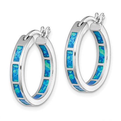 Sterling Silver Rhodium-Plated Blue Cr. Opal In/Out Round Hoop Earrings