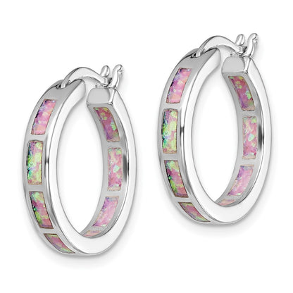 Sterling Silver Rhodium-Plated Pink Cr. Opal In/Out Round Hoop Earrings