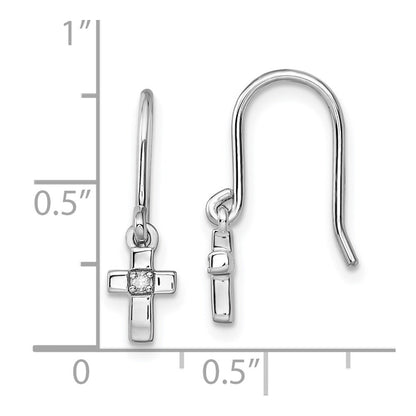 Sterling Silver Rhodium Diam. Cross Dangle Shepherds Hook Earrings