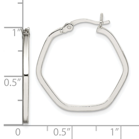 Sterling Silver Polished Square Tube Hexagon Hoop Earrings
