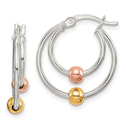 Sterling Silver Rose And Gold Tone Bead Hoop Earrings