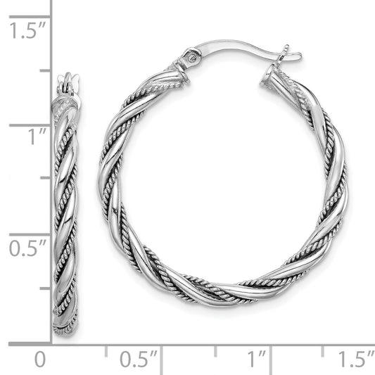 Sterling Silver Rhodium-Plated 2.5X30mm Twisted Hoop Earrings