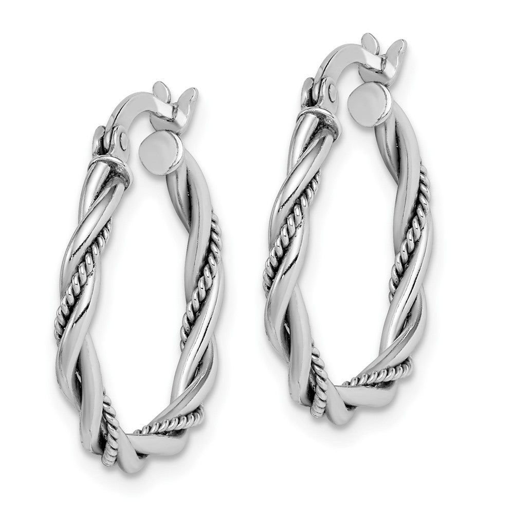 Sterling Silver Rhodium-Plated Antiqued 2X20mm Twisted Hoop Earrings