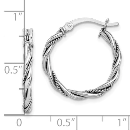 Sterling Silver Rhodium-Plated Antiqued 2X20mm Twisted Hoop Earrings