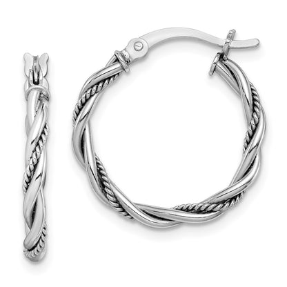 Sterling Silver Rhodium-Plated Antiqued 2X20mm Twisted Hoop Earrings