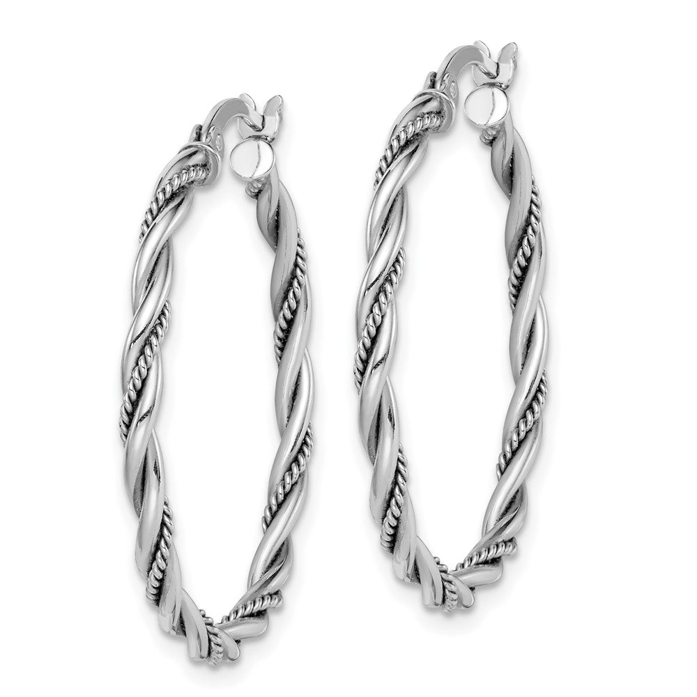 Sterling Silver Rhodium-Plated Antiqued 2X30mm Twisted Hoop Earrings