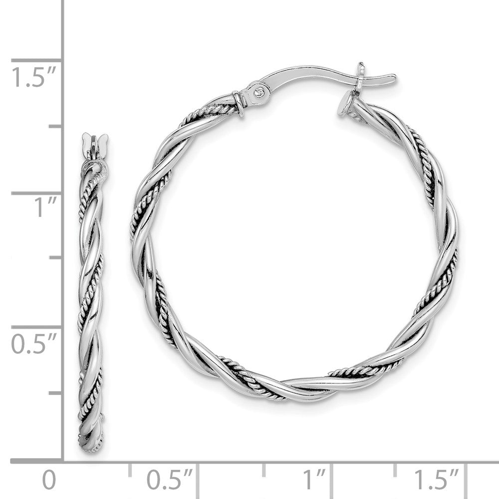 Sterling Silver Rhodium-Plated Antiqued 2X30mm Twisted Hoop Earrings