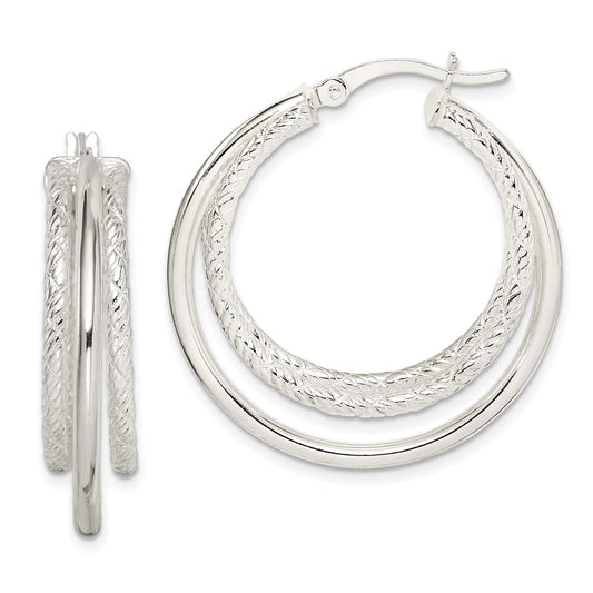 Sterling Silver Textured And Polished Triple Hoop Earrings
