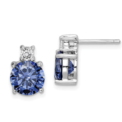 Sterling Silver Rhodium-Plated Blue And White Cz Stud Earrings