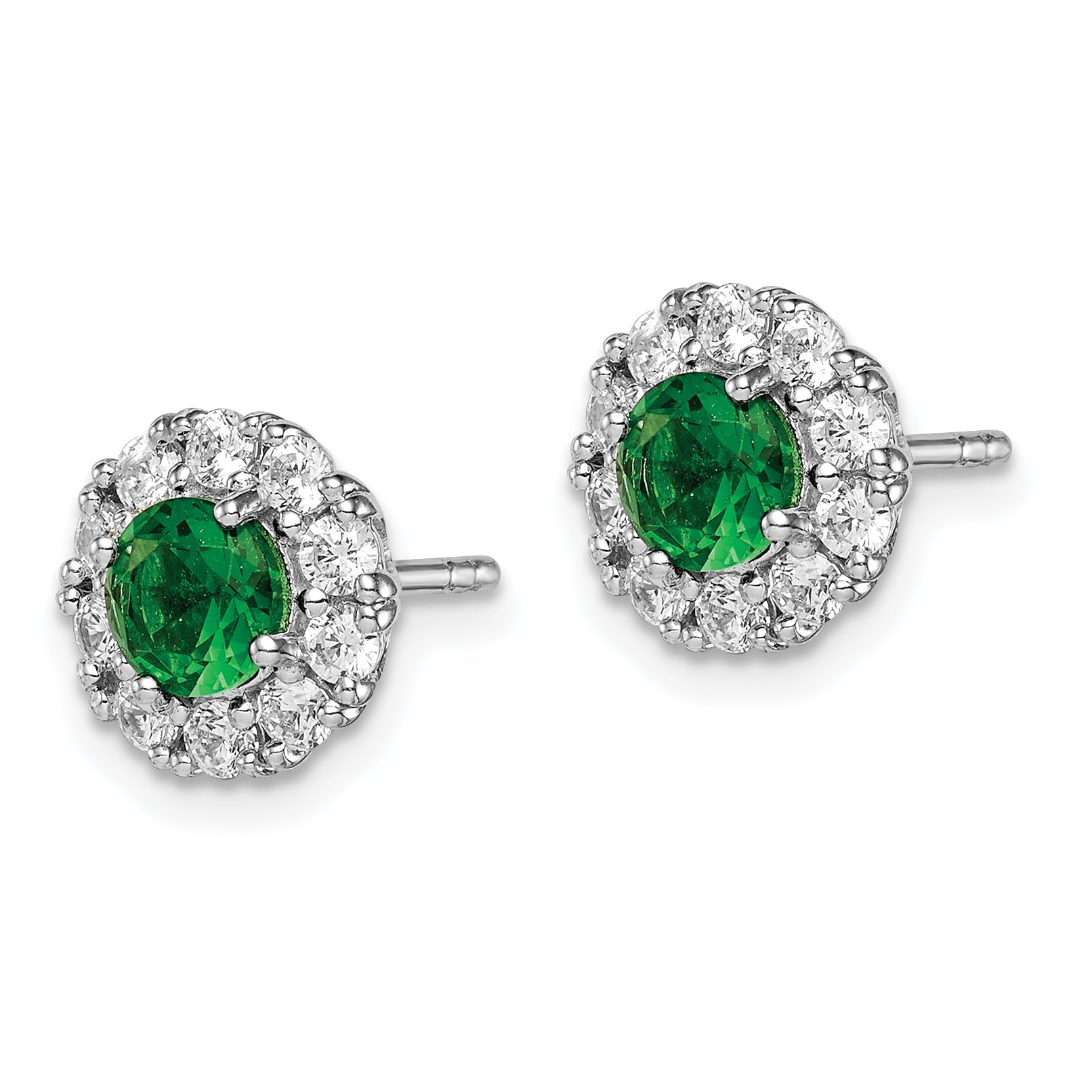 Sterling Silver Rhodium-Plated Green And White Cz Halo Post Earrings