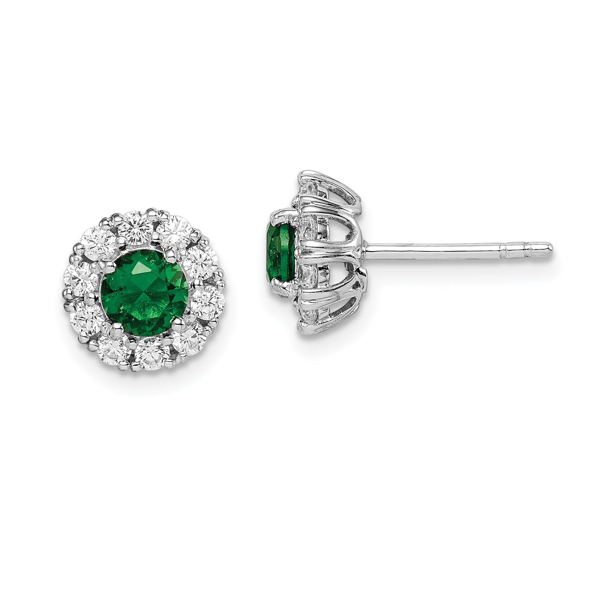 Sterling Silver Rhodium-Plated Green And White Cz Halo Post Earrings