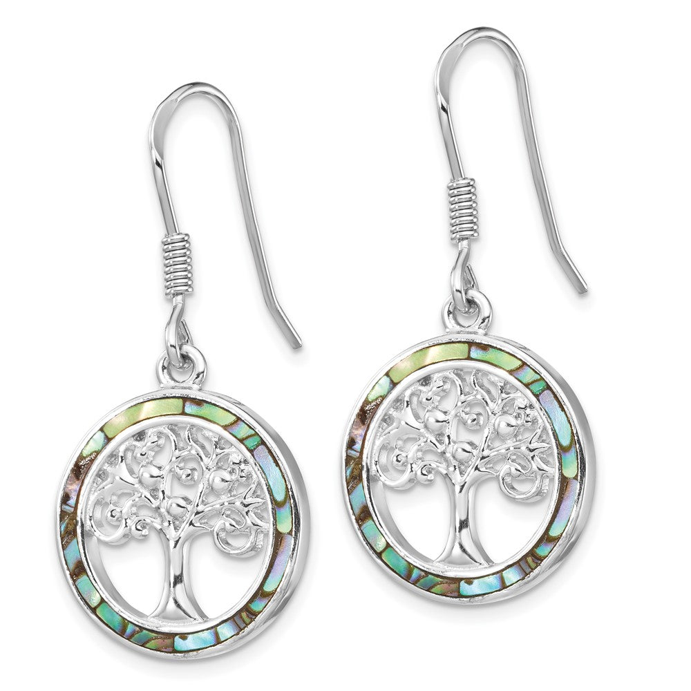 Sterling Silver Rhodium-Plated Abalone Circle W/ Tree Dangle Earrings