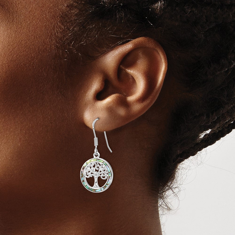 Sterling Silver Rhodium-Plated Abalone Circle W/ Tree Dangle Earrings