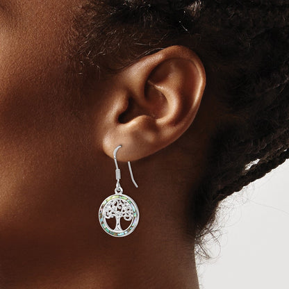 Sterling Silver Rhodium-Plated Abalone Circle W/ Tree Dangle Earrings