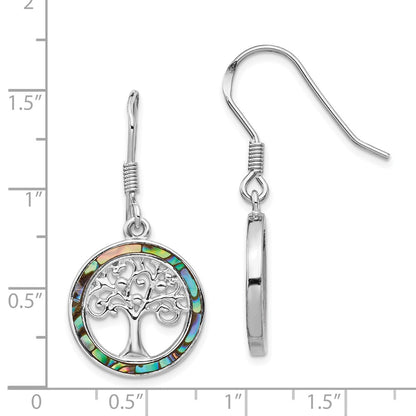 Sterling Silver Rhodium-Plated Abalone Circle W/ Tree Dangle Earrings
