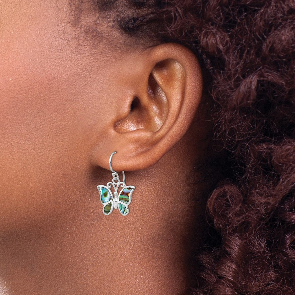 Sterling Silver Rhodium-Plated Abalone Butterfly Dangle Earrings