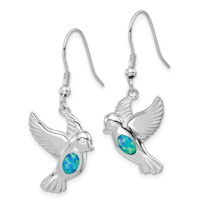 Sterling Silver Rhodium-Plated Created Blue Opal Bird Dangle Earrings