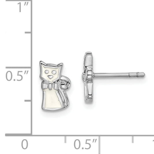 Sterling Silver Rhodium-Plated Polished White Enameled Cat Children'S Post Earrings