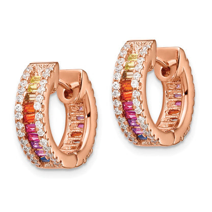 Sterling Silver Prizma Rose-Tone 14K Flash Rose Gold-Plated White And Colorful Baguette Cz Hinged Hoop Earrings