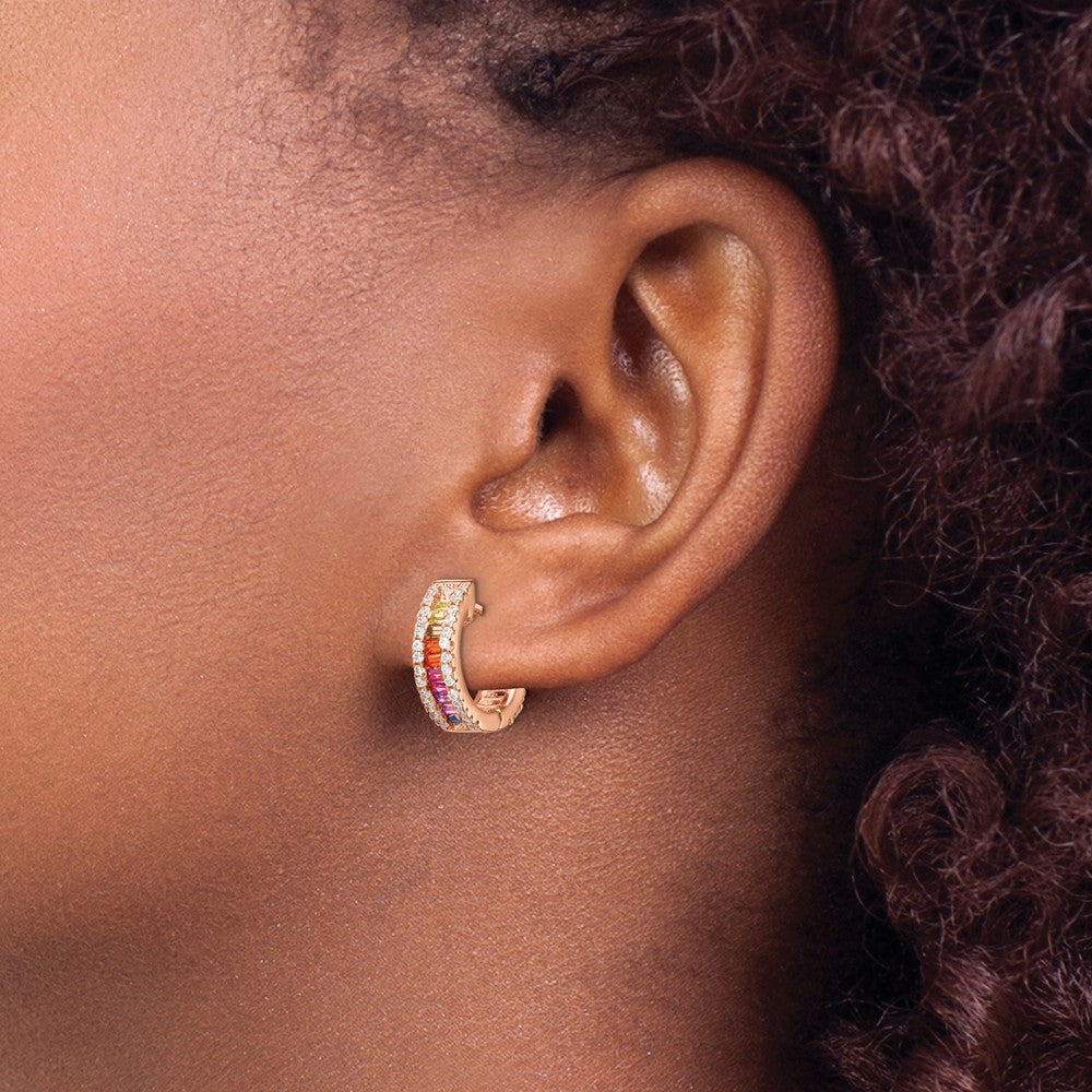Sterling Silver Prizma Rose-Tone 14K Flash Rose Gold-Plated White And Colorful Baguette Cz Hinged Hoop Earrings