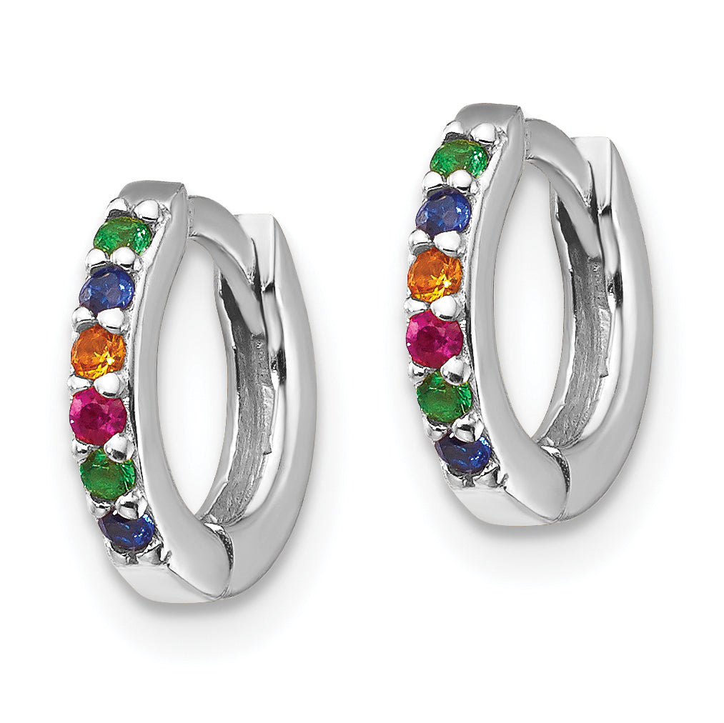 Sterling Silver Prizma Rhodium-Plated Colorful Cz Small Hinged Hoop Earrings
