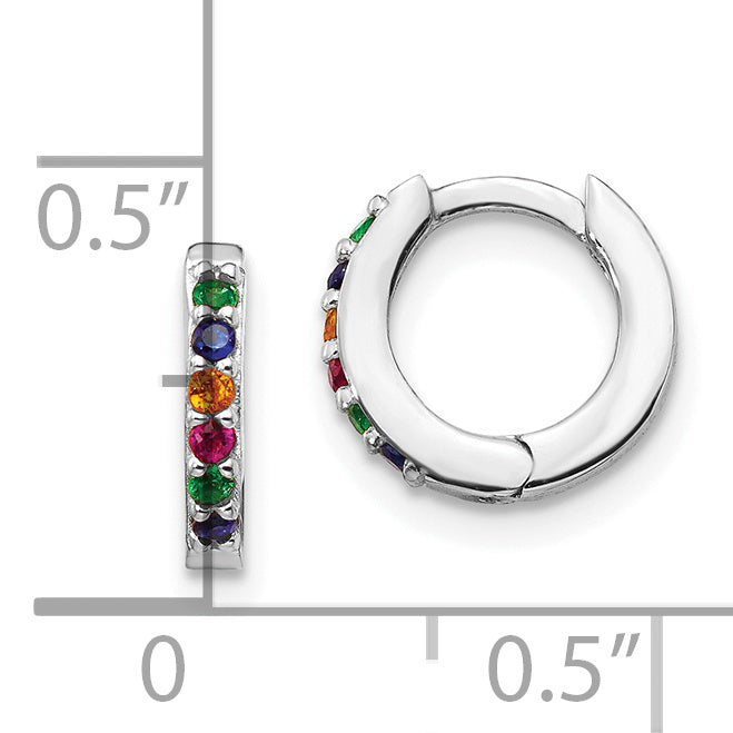 Sterling Silver Prizma Rhodium-Plated Colorful Cz Small Hinged Hoop Earrings