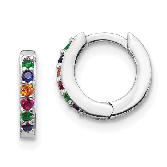 Sterling Silver Prizma Rhodium-Plated Colorful Cz Small Hinged Hoop Earrings
